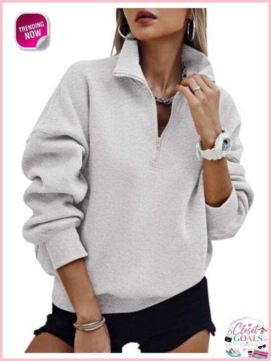 Tops - Women's Oversized Half Zip Fleece Sweatshirt Pullover with Pockets